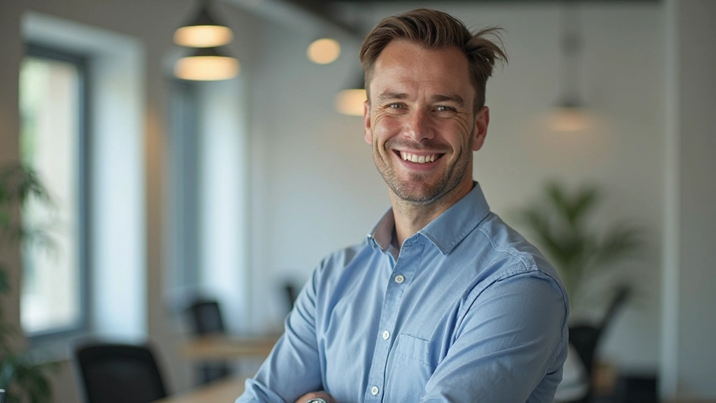 Professional in modern office environment showing confident and successful demeanor