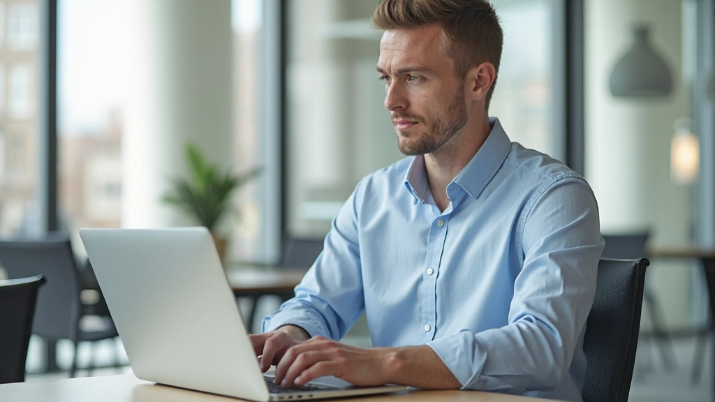 Professionell man vid skrivbord med laptop som arbetar fokuserat på sitt projekt