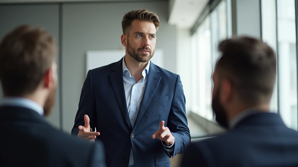 Säker professionell som presenterar framför sitt team