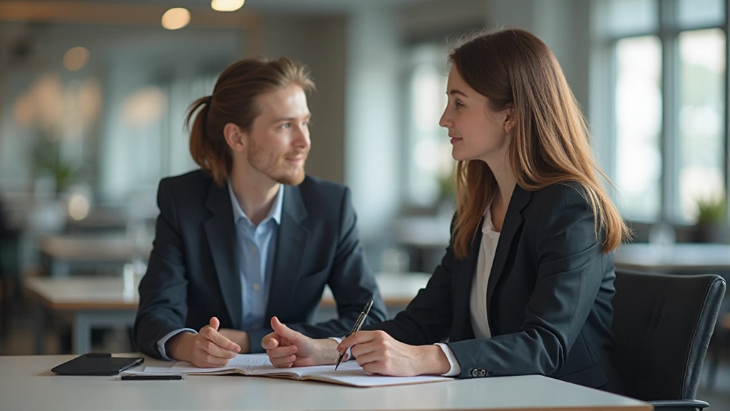 Ung professionell som arbetar vid skrivbord på sitt första jobb, lär sig från erfaren mentor, modernt kontor