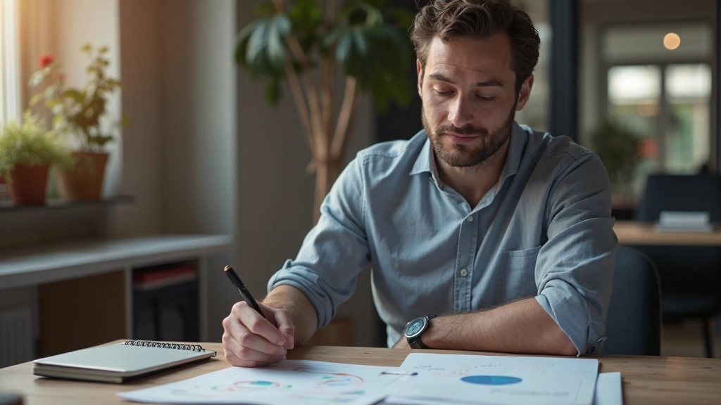 Professionell person som planerar personlig utveckling med anteckningsbok och grafer, fokuserad arbetsstation