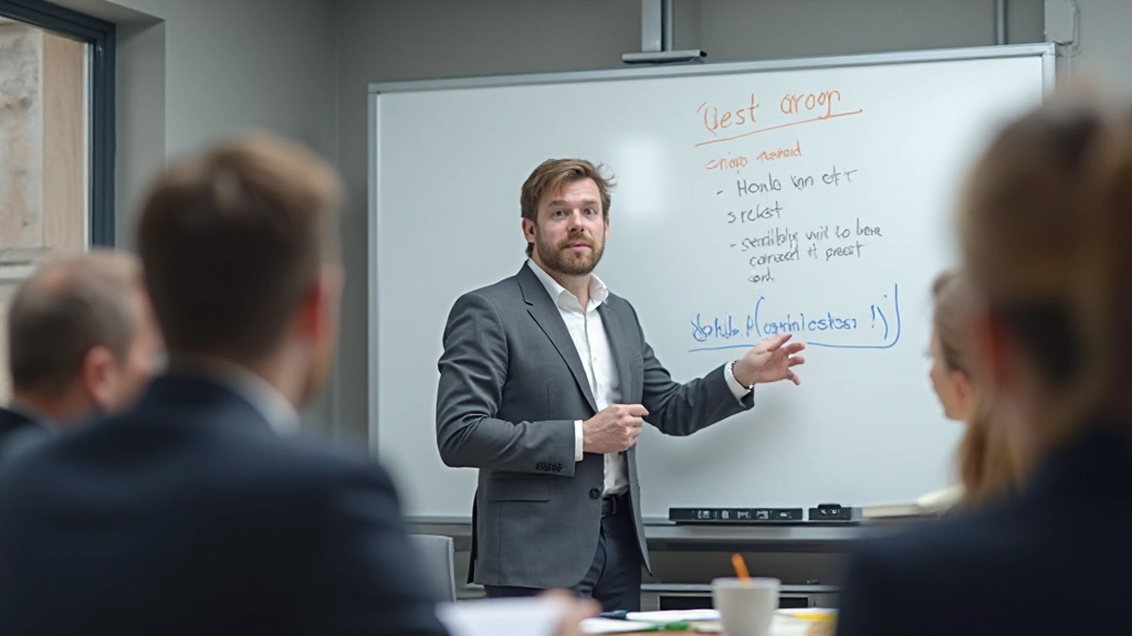 Professionell person som presenterar idéer till team med vita tavlan, modernt konferensutrymme, naturligt ljus, fokuserad atmosfär