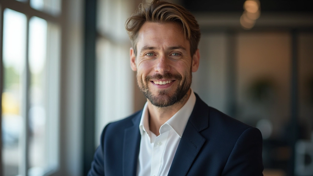 Nauris Birze porträtt, professionell man i affärsattire, självsäker hållning i modernt kontorsmiljö