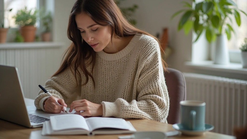 Person som studerar på en laptop i ett modernt hem