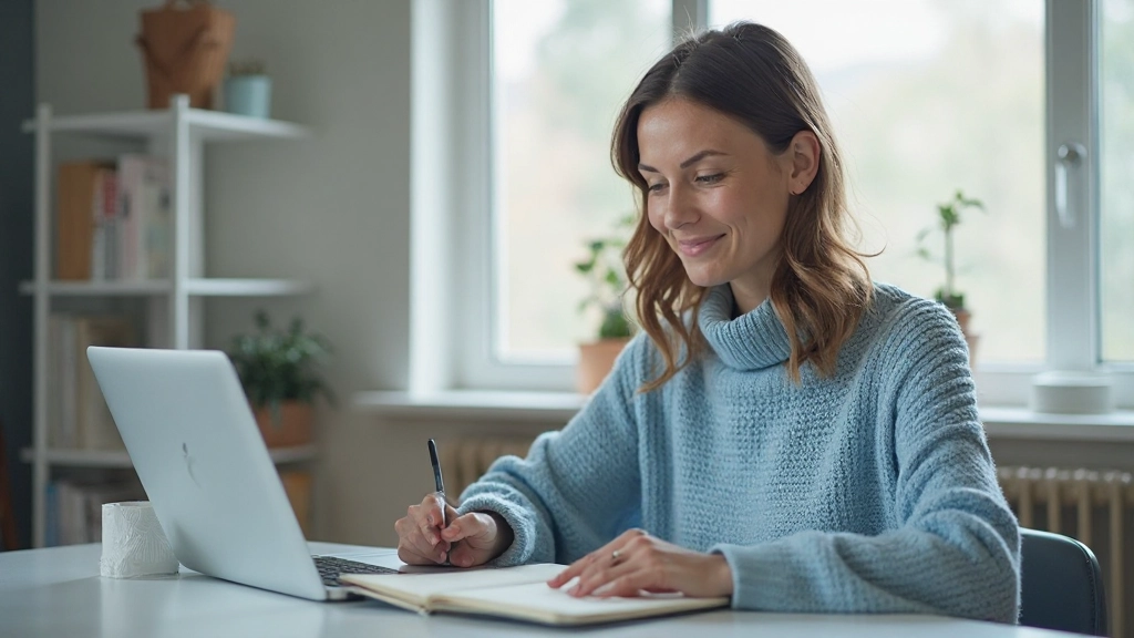 Professional workspace with laptop, notebook, and coffee showing productive learning environment