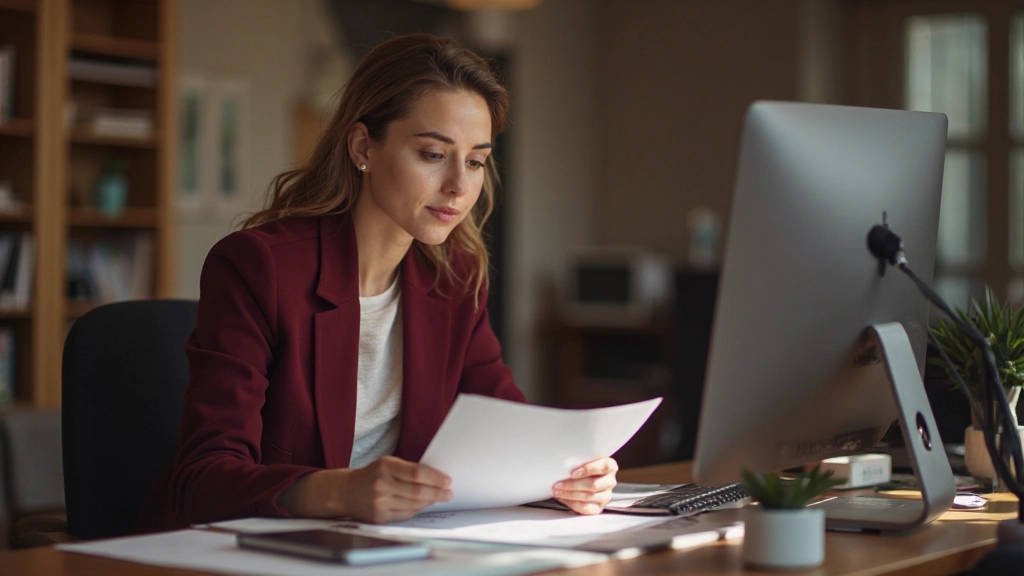 Professional reviewing documents and notes at desk with focused concentration