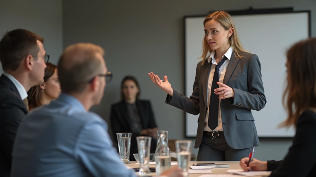 Ung professionell presenterar idéer i modernt möte med kollegor i konferensrum