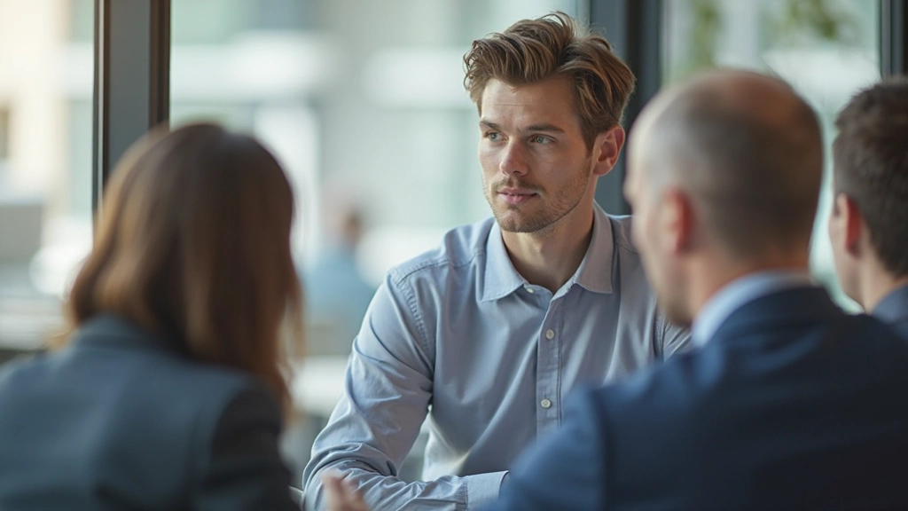 Professionell arbetsplats med kollegor som diskuterar vid ett konferensbord